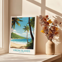 Virgin Islands National Park travel poster print on windowsill beside vase with dried flowers