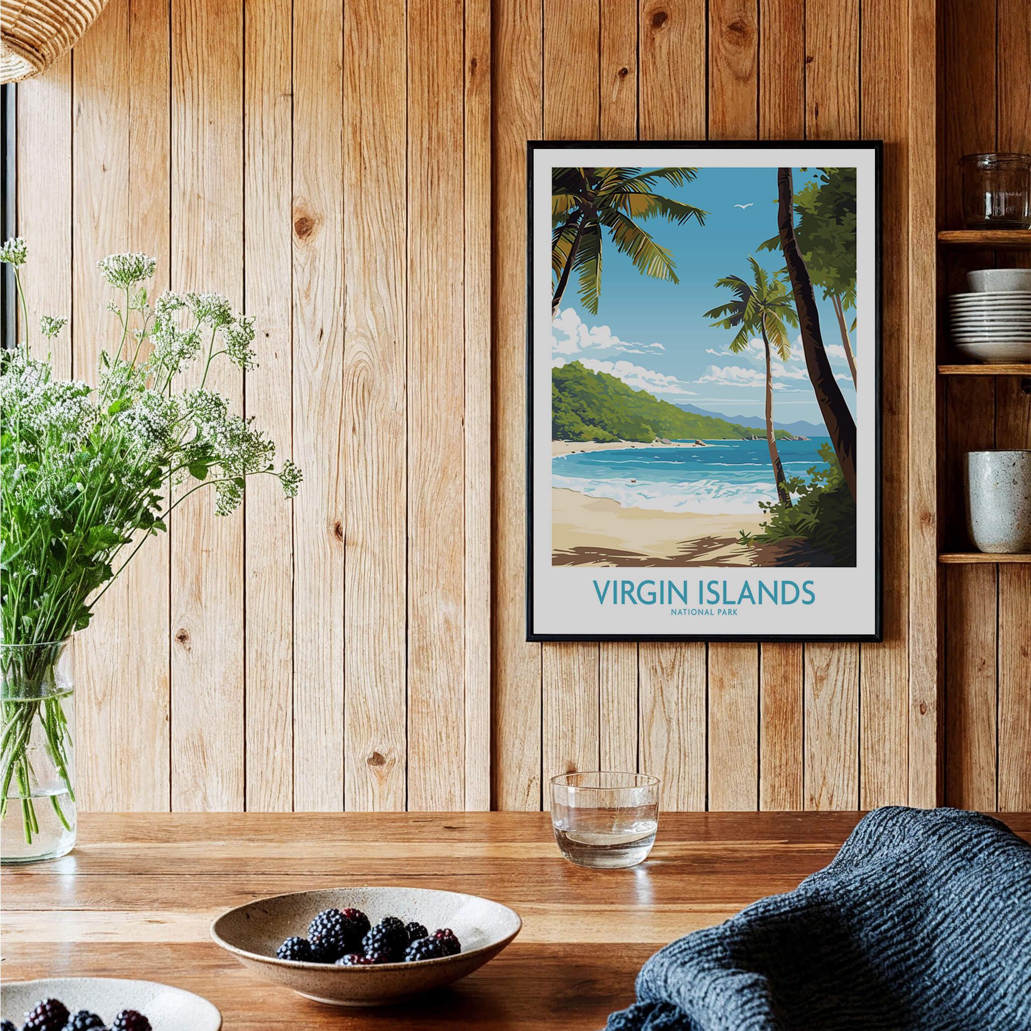 Virgin Islands National Park art print with tropical beach scene in a modern kitchen setting
