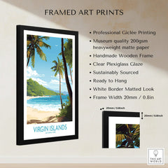 Framed Virgin Islands National Park art print with palm trees, beach, and ocean, shown with product quality details.