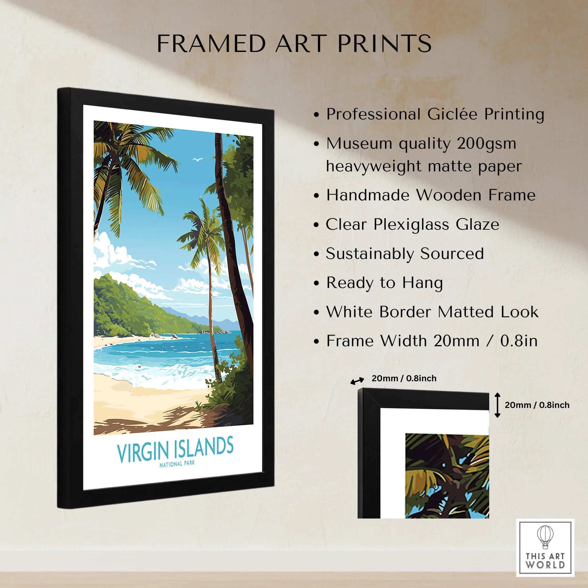 Framed Virgin Islands National Park art print with palm trees, beach, and ocean, shown with product quality details.