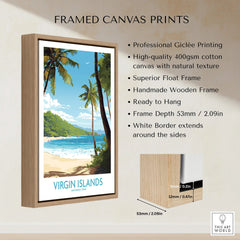 Framed canvas print of Virgin Islands National Park beach with palm trees and blue ocean.