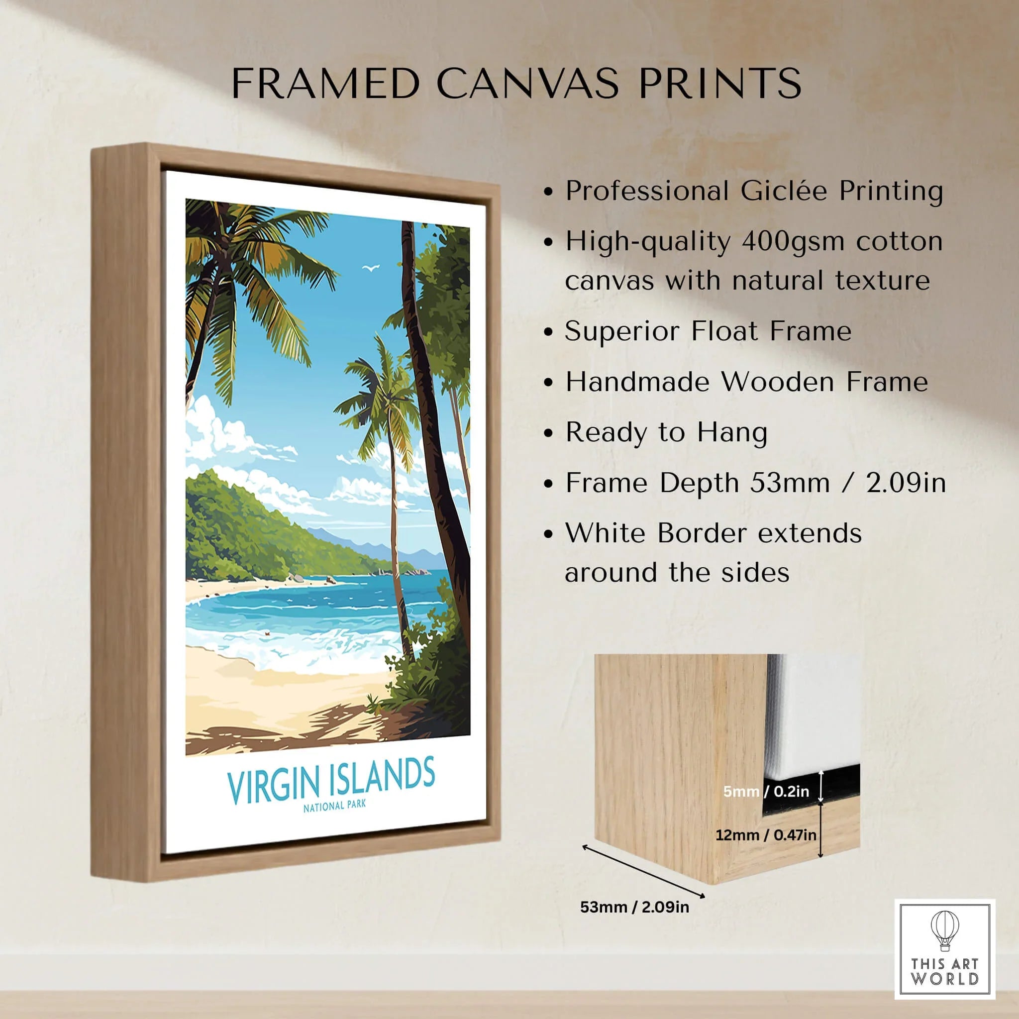 Framed canvas print of Virgin Islands National Park beach with palm trees and blue ocean.