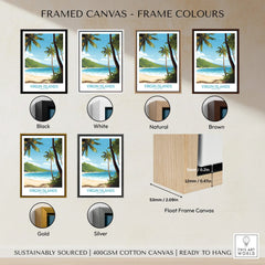 Virgin Islands travel poster print on canvas in six frame colour options: black, white, natural, brown, gold, and silver, with beach and palm trees illustration.