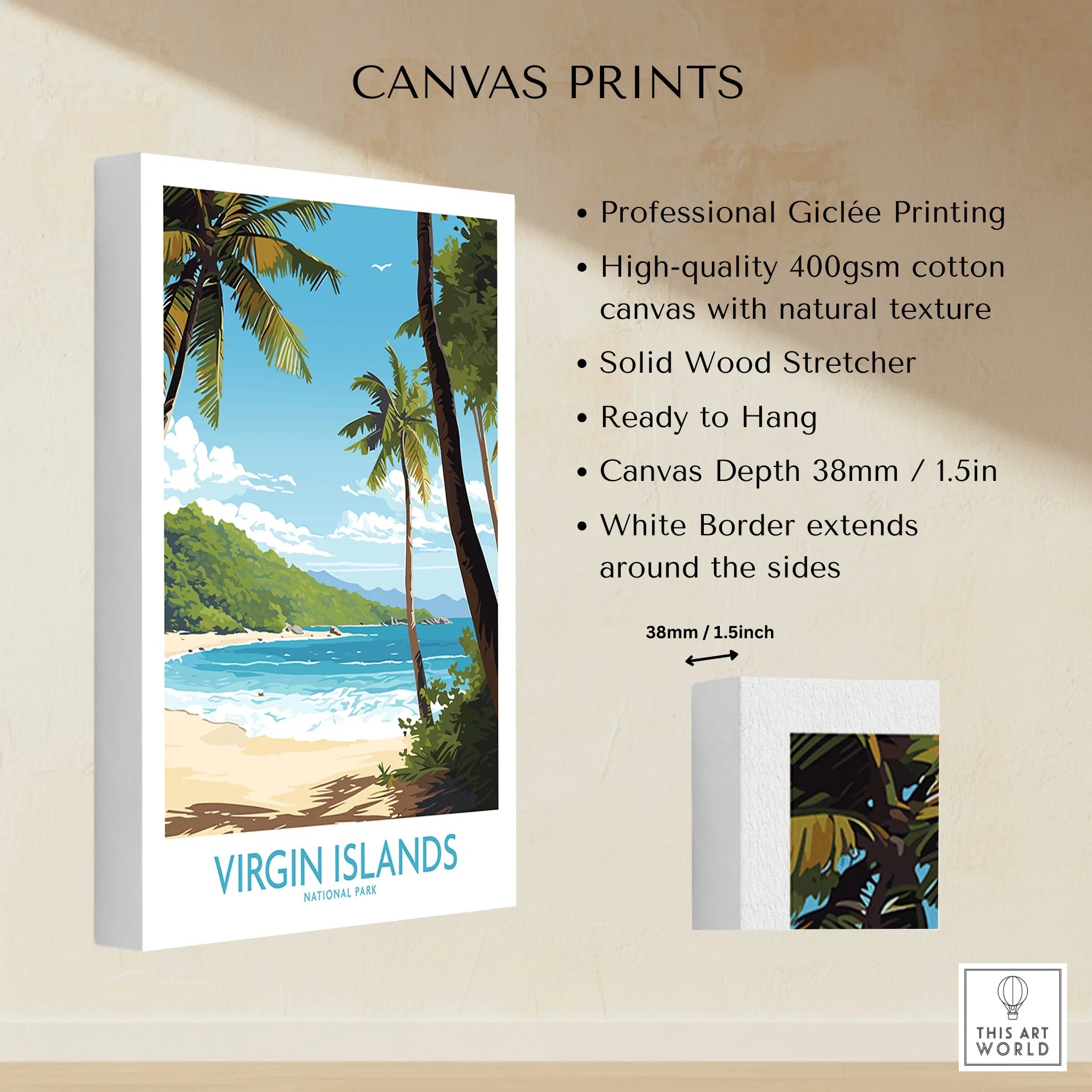 Virgin Islands National Park canvas print featuring tropical beach, palm trees, and blue ocean.