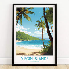 Virgin Islands National Park art print in black frame with tropical beach and palm trees.