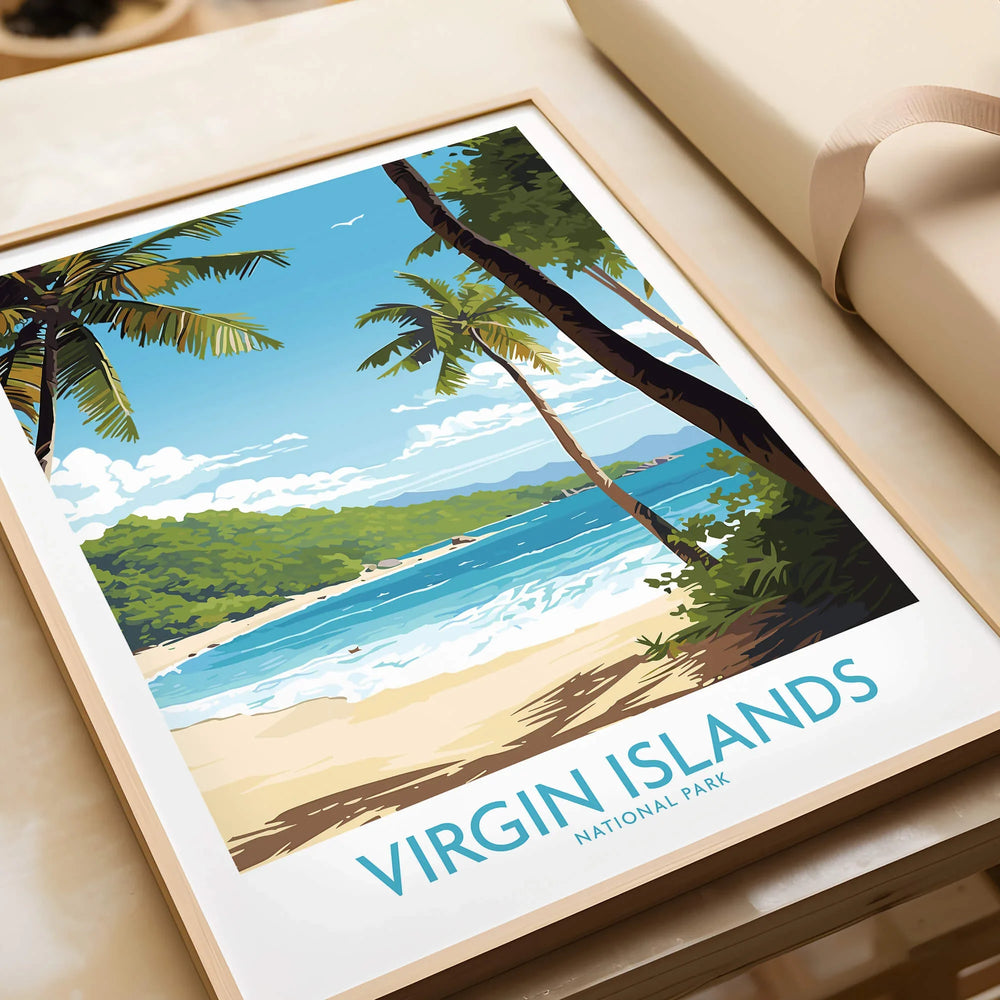 Framed Virgin Islands National Park art print with beach, palm trees, and blue ocean