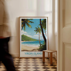 Framed Virgin Islands National Park travel poster with palm trees and beach leaning on wall