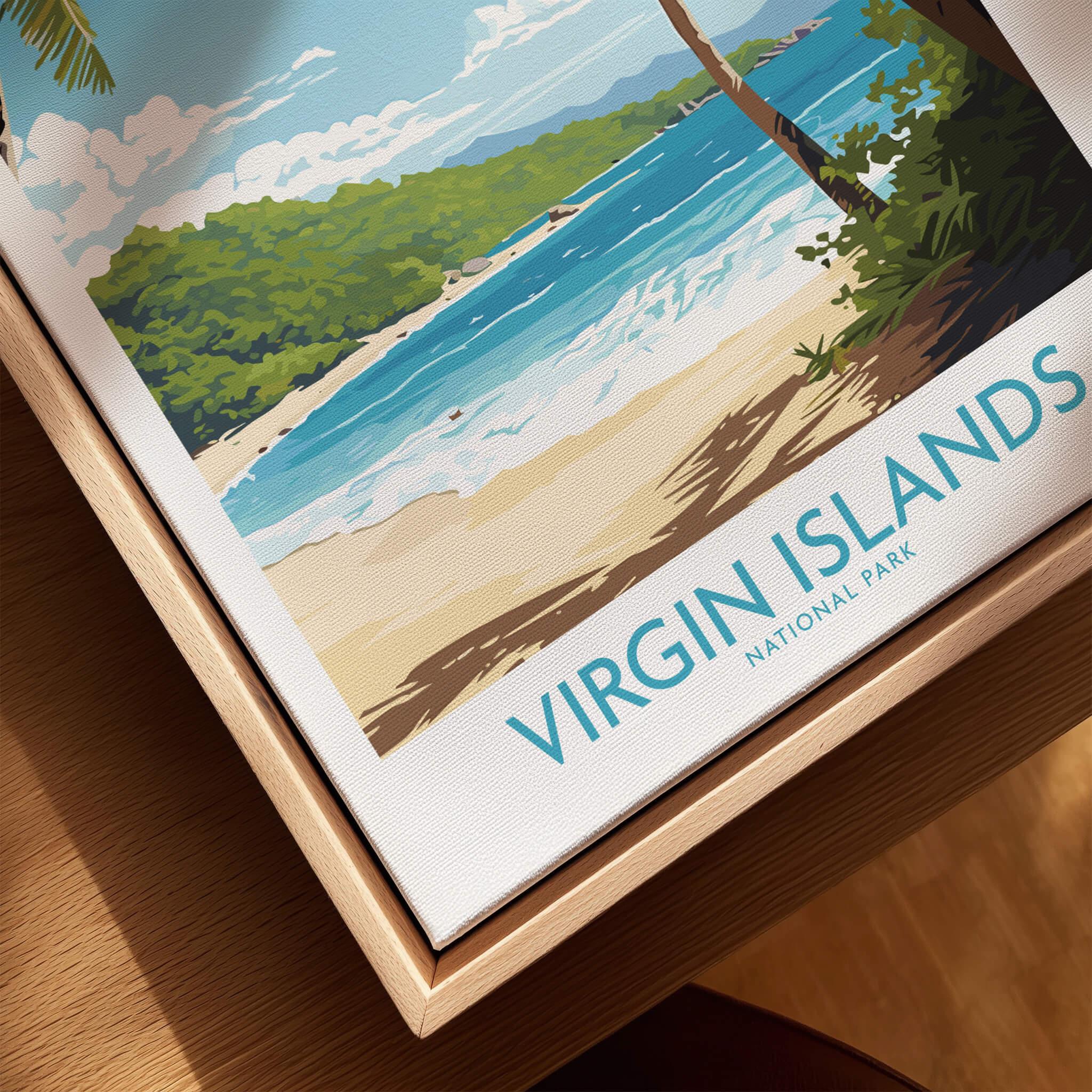 Virgin Islands National Park beach art print in natural wood floating frame