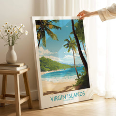 Virgin Islands National Park travel poster canvas print with palm trees and beach, hand holding artwork in cozy home setting