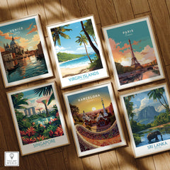 Set of six framed travel art prints featuring Venice, Virgin Islands, Paris, Singapore, Barcelona, and Sri Lanka, displayed on a wooden floor.