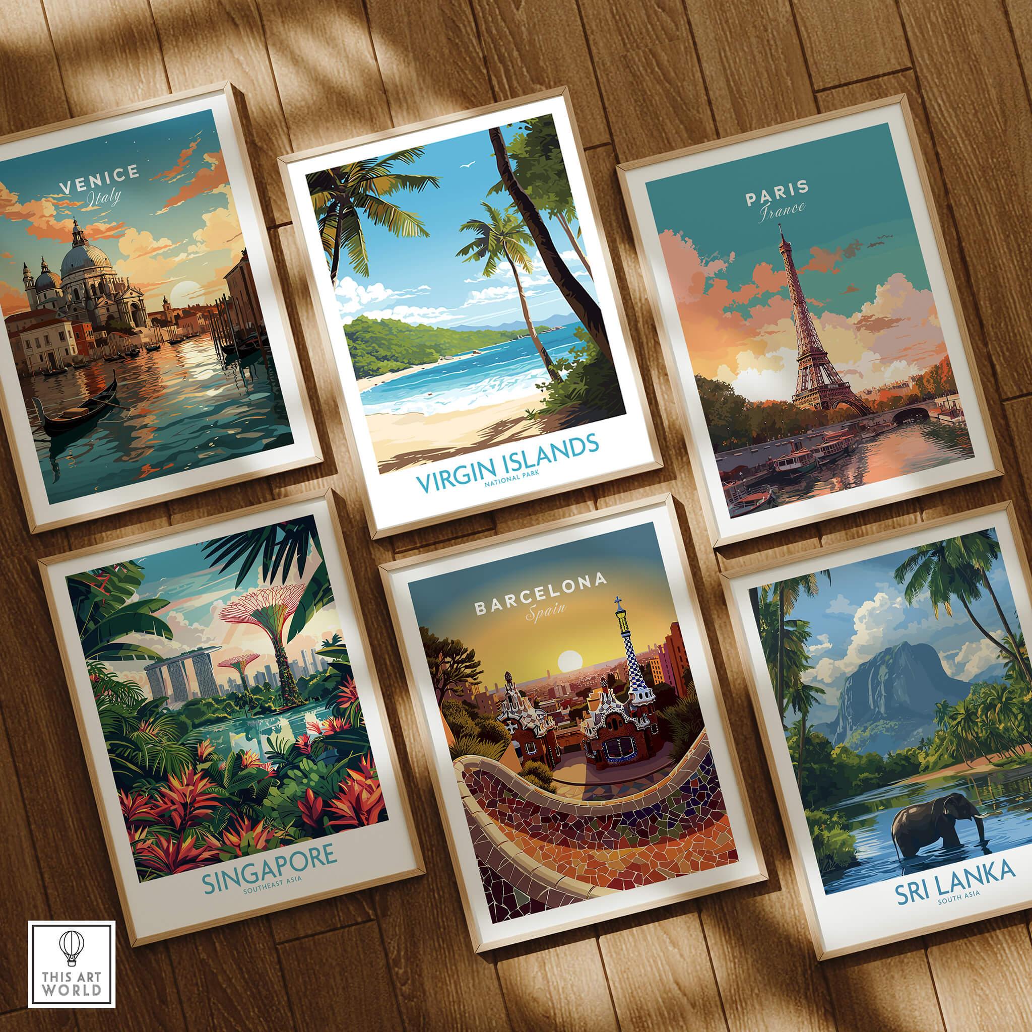 Set of six framed travel art prints featuring Venice, Virgin Islands, Paris, Singapore, Barcelona, and Sri Lanka, displayed on a wooden floor.