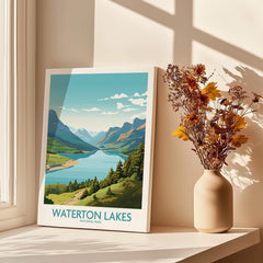 Waterton Lakes National Park art print on windowsill with vase of dried flowers in sunlight