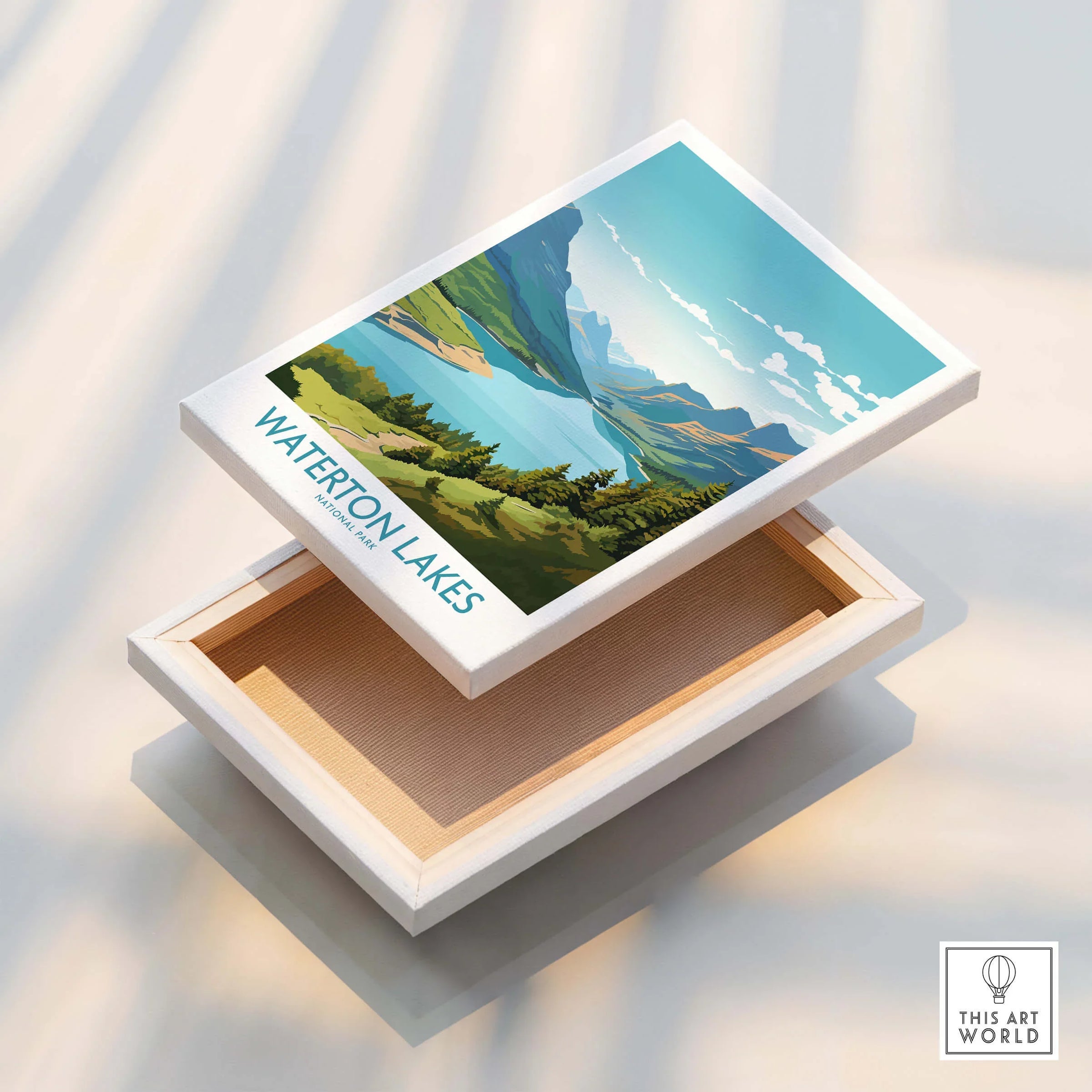Waterton Lakes National Park canvas wall art featuring a scenic lake and mountain landscape.