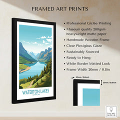 Framed Waterton Lakes National Park art print with quality and size details, mountain landscape wall art
