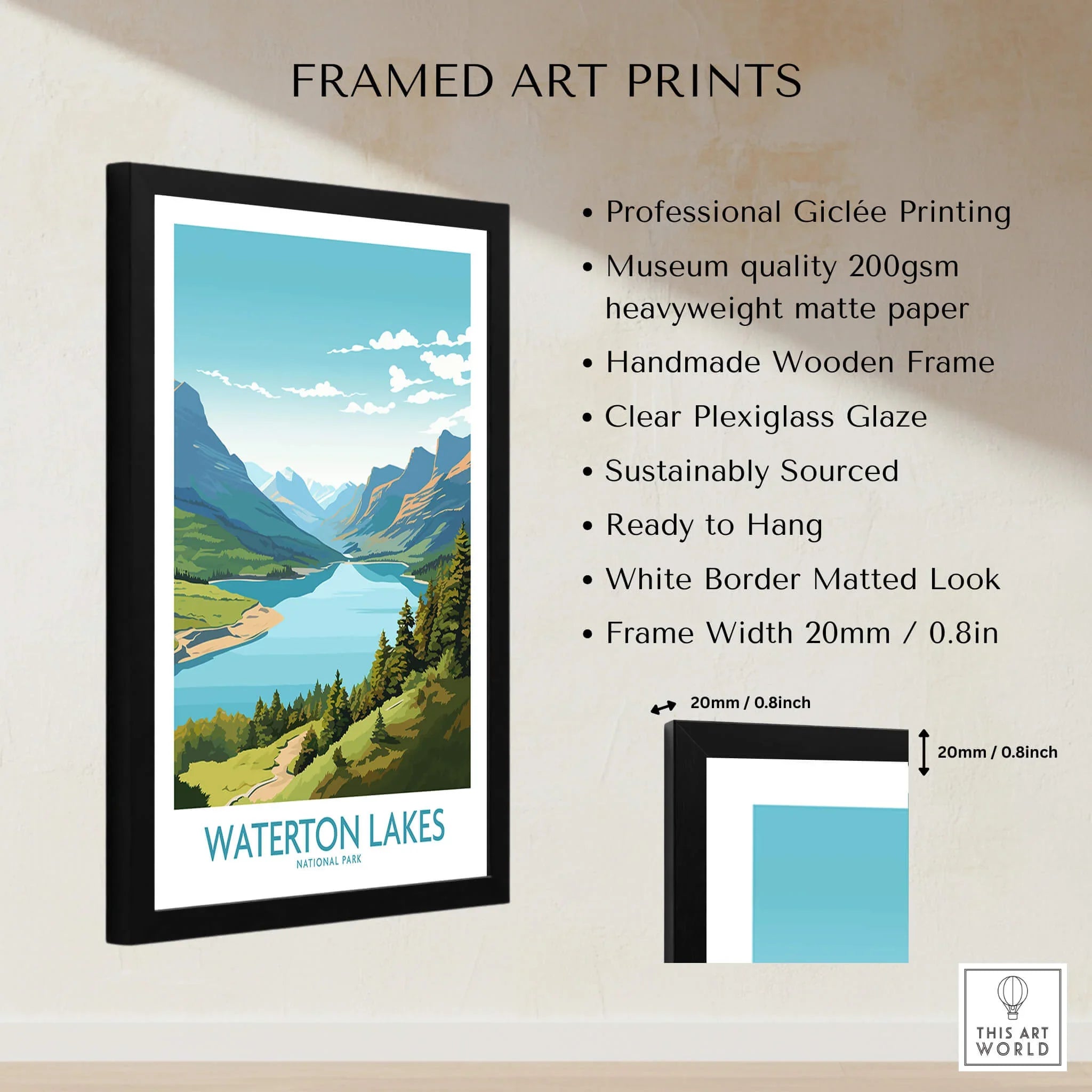 Framed Waterton Lakes National Park art print with quality and size details, mountain landscape wall art