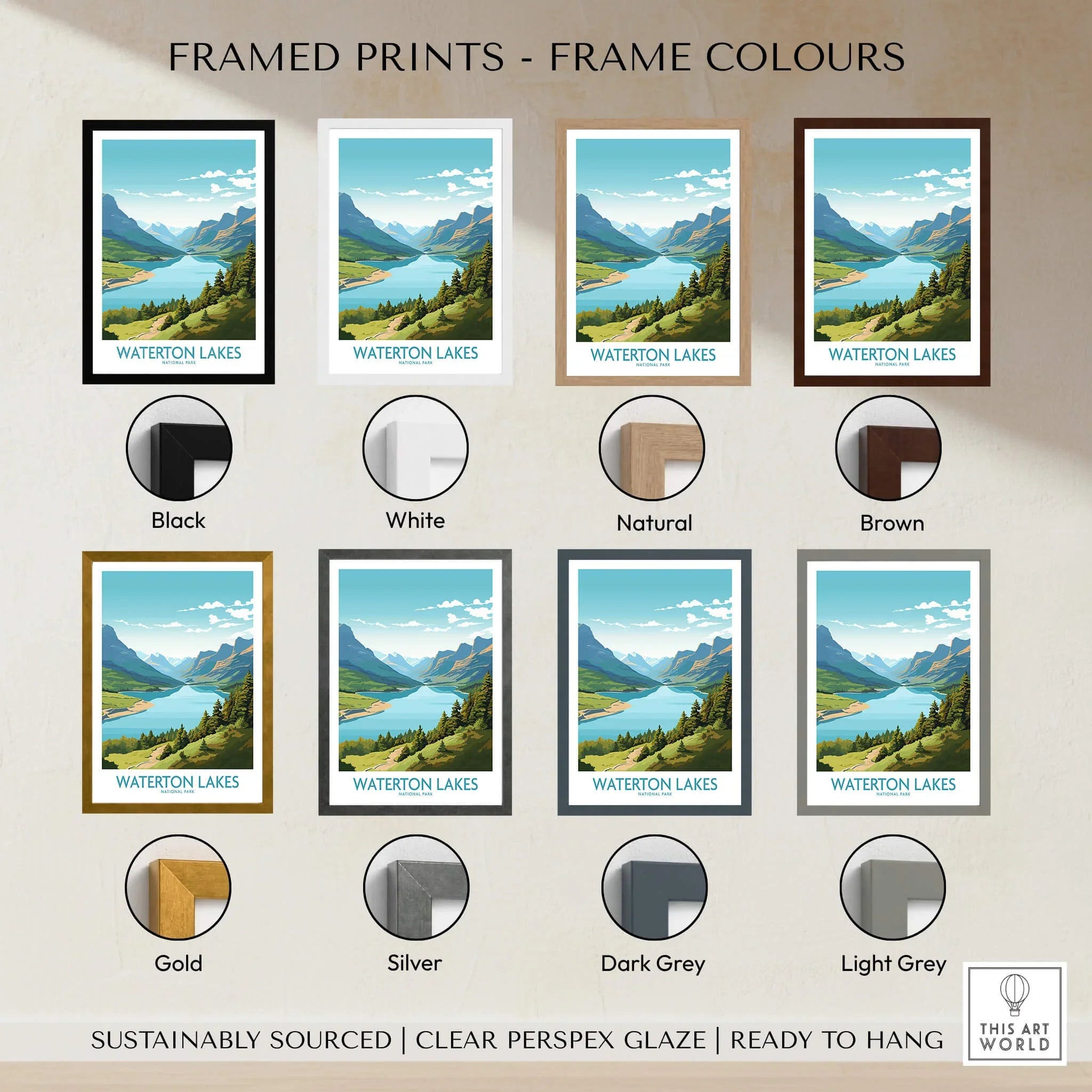 Waterton Lakes National Park print in eight frame color options, landscape wall art