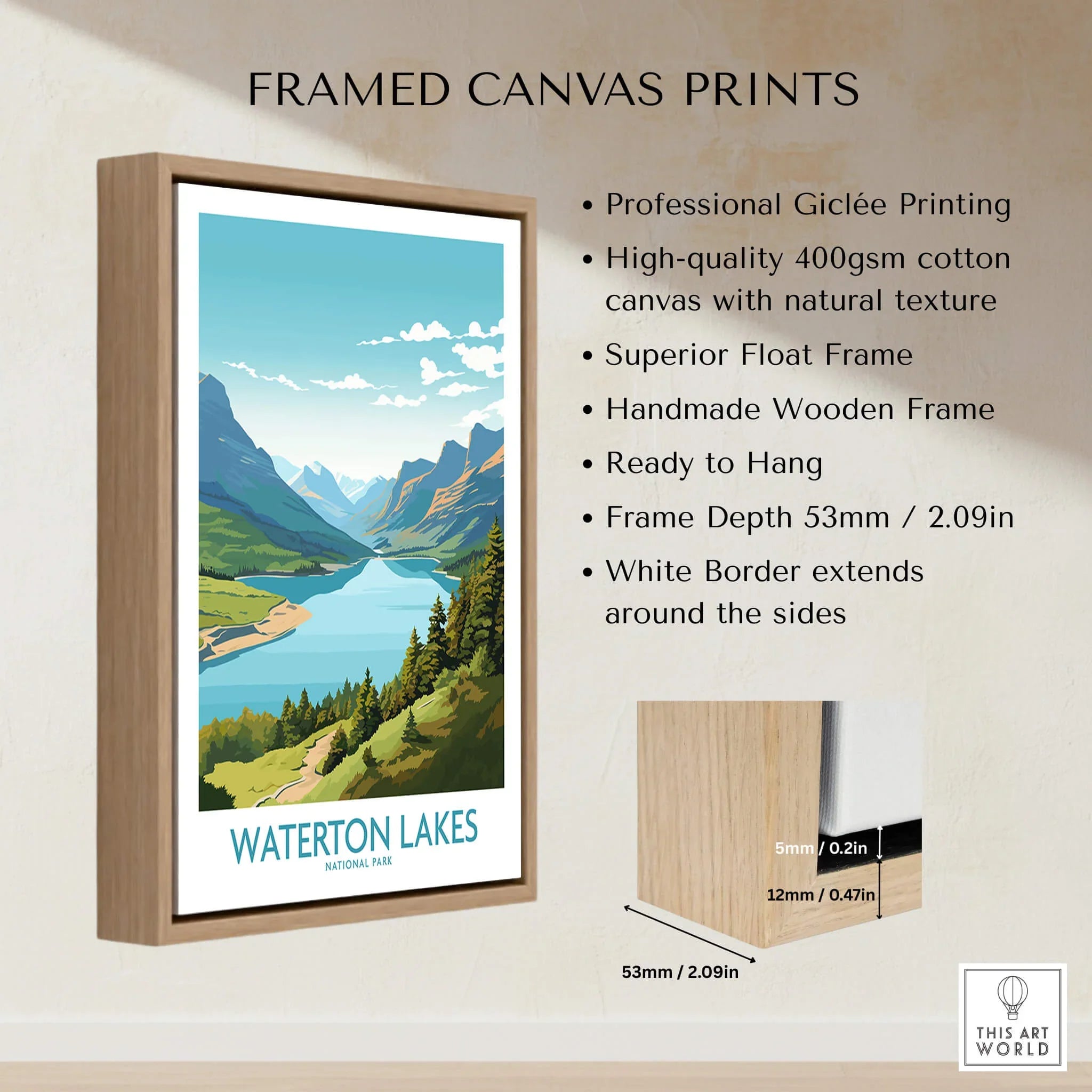 Framed canvas print of Waterton Lakes National Park with mountains, lake, and float frame details.