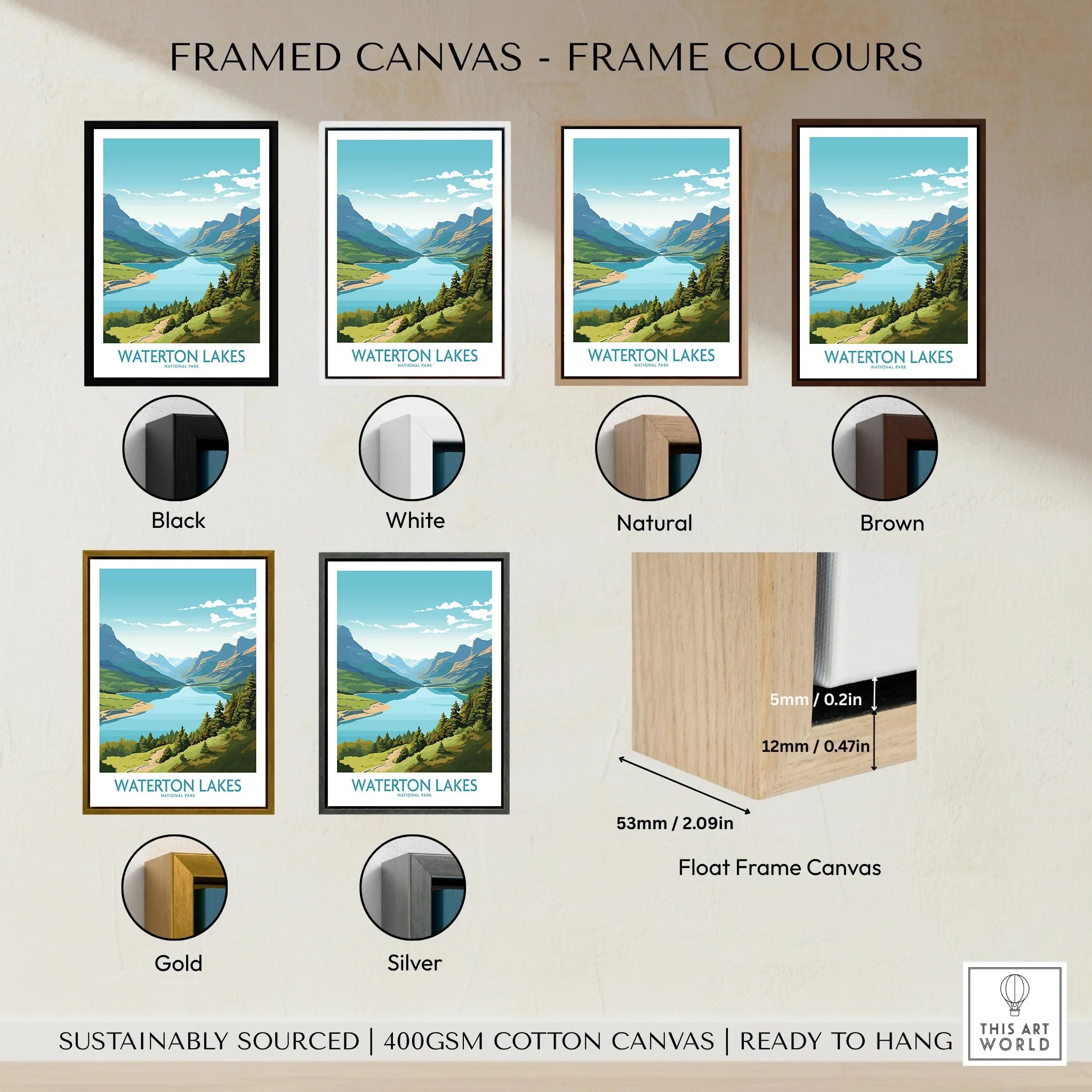 Waterton Lakes National Park framed canvas wall art in six frame color options with sizing details