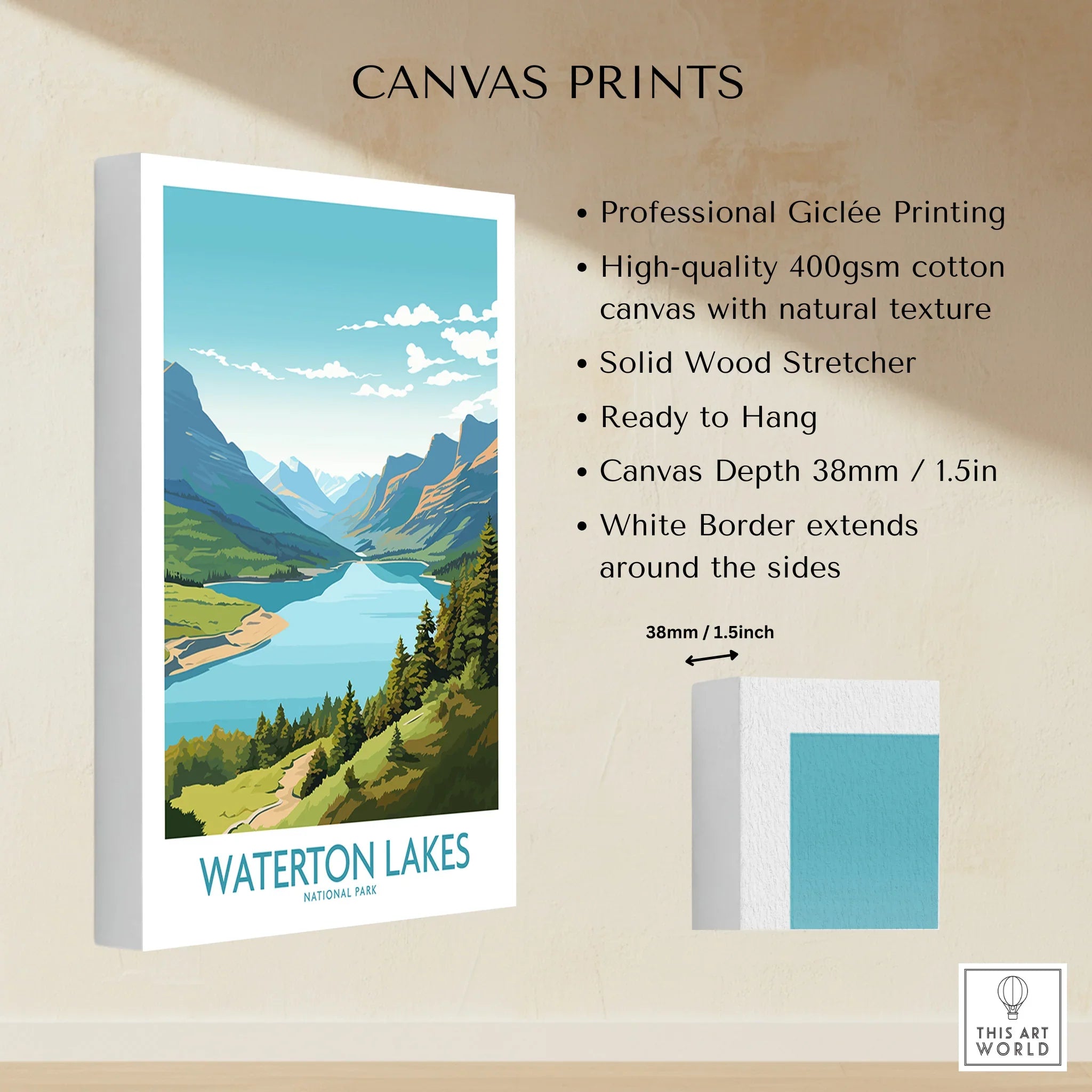 Waterton Lakes National Park canvas wall art print with mountains, lake, and pine trees.
