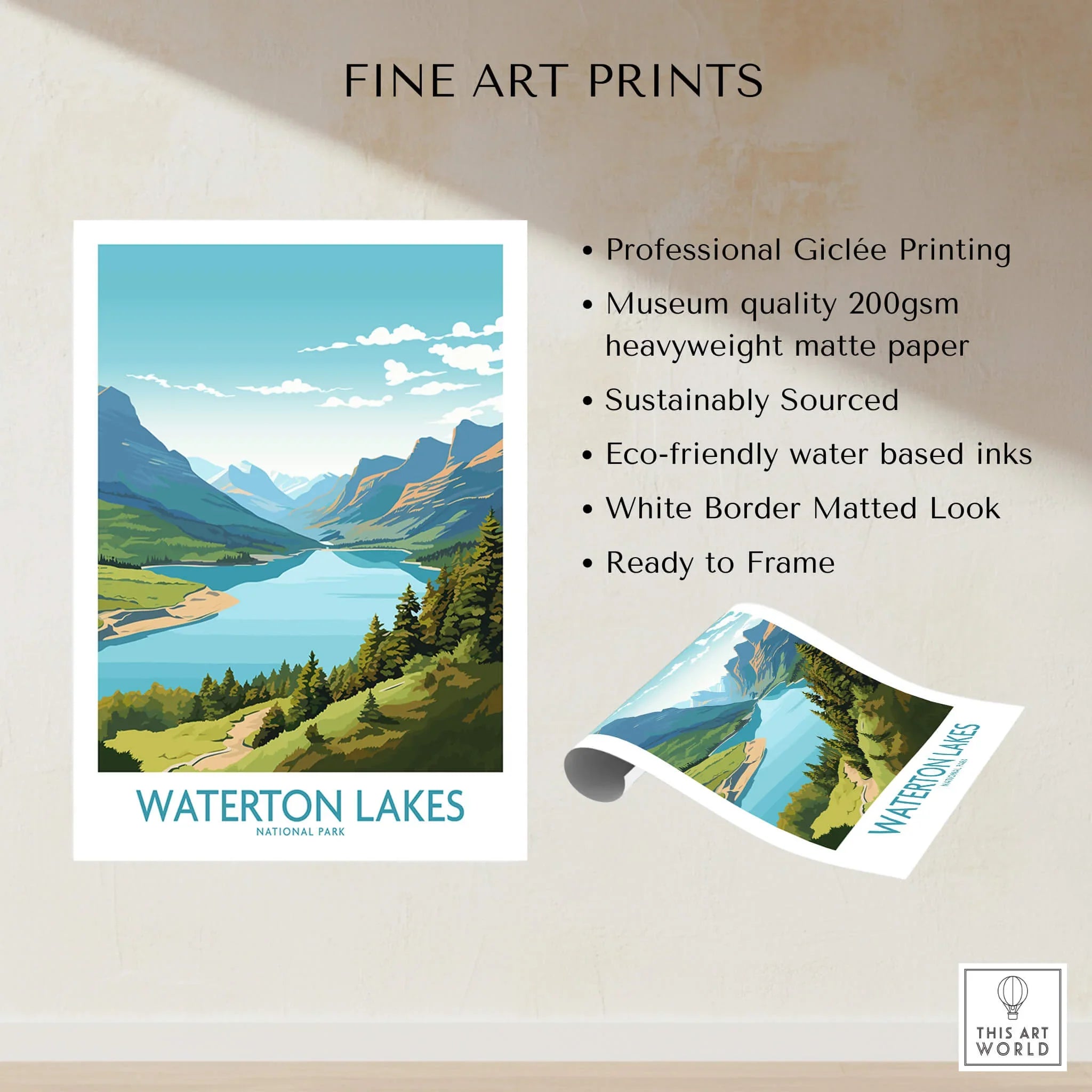 Waterton Lakes National Park fine art print with mountains, lake, and pine trees, ready to frame.