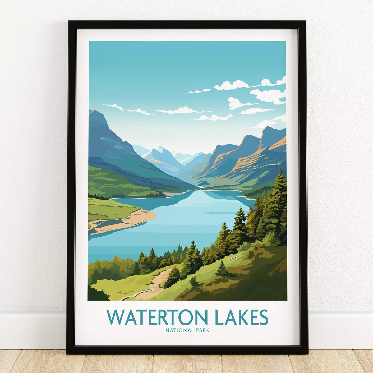 Waterton Lakes National Park art print in black frame on wooden floor, landscape wall decor