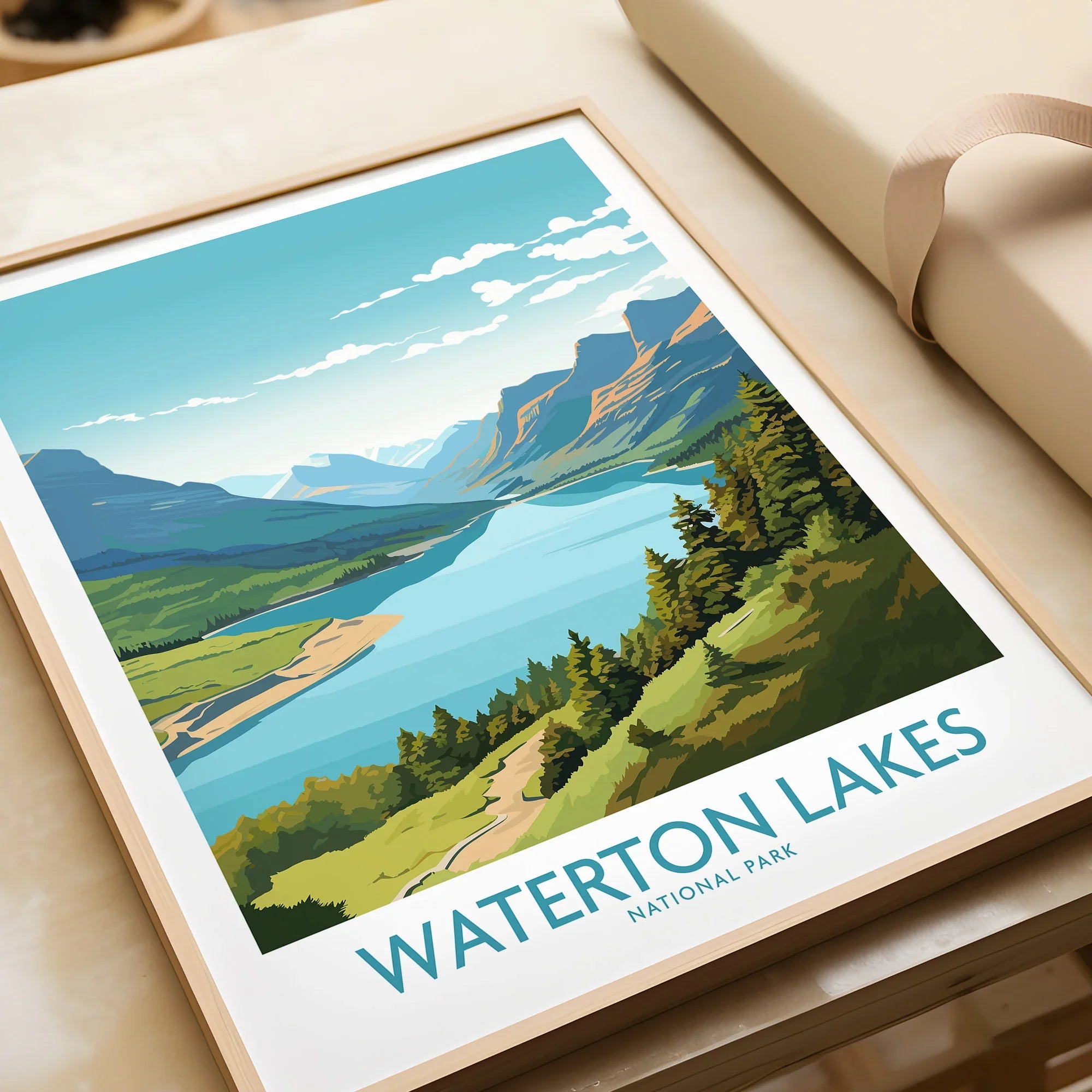 Waterton Lakes National Park art print in natural wood frame, featuring scenic mountain lake view