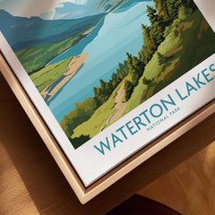Waterton Lakes National Park art print with lake, mountains, and trees in wood floating frame