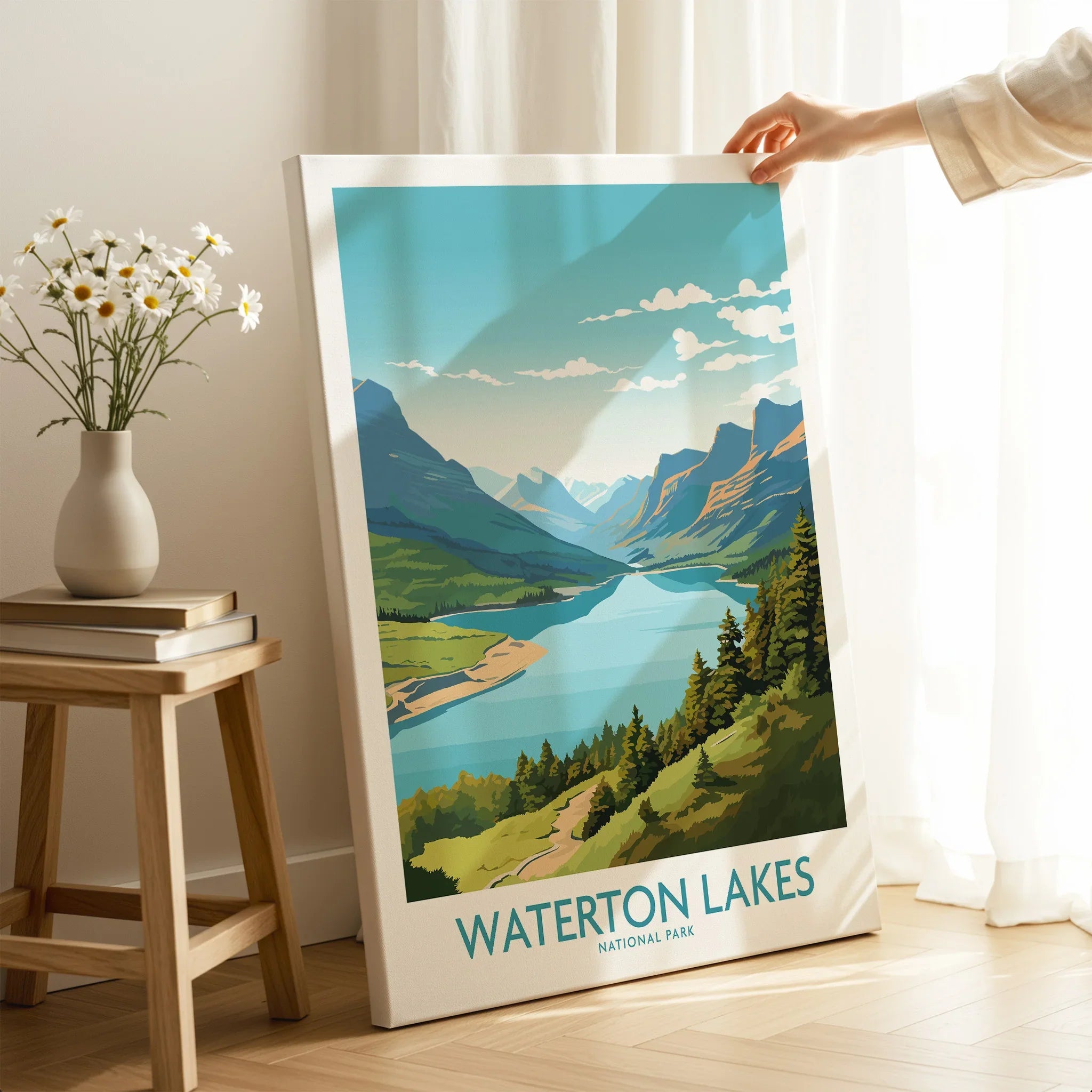 Waterton Lakes National Park travel poster canvas print held in bright modern room