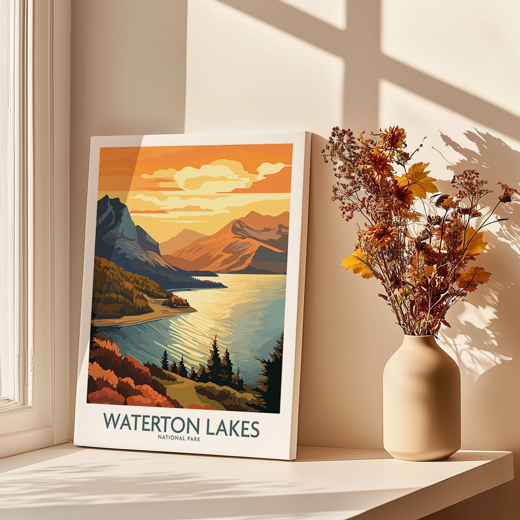 Waterton Lakes National Park art print with sunset mountains on window sill beside vase of dried flowers