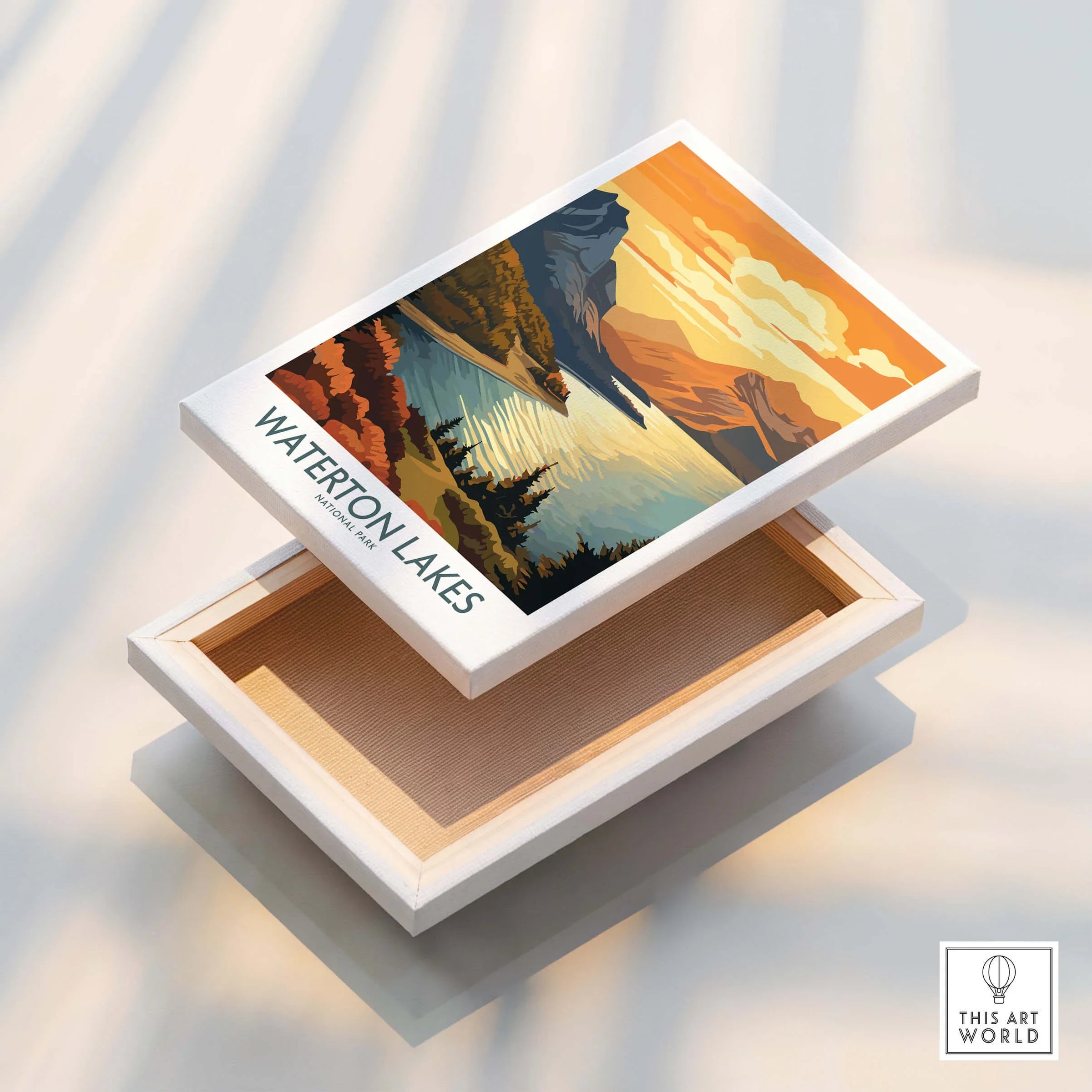 Waterton Lakes National Park art print on floating canvas with sunset mountain landscape