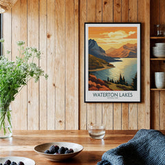 Waterton Lakes National Park art print with mountain and lake view in a cozy kitchen setting