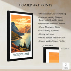 Framed Waterton Lakes National Park art print with mountain and lake landscape, giclée printing details.