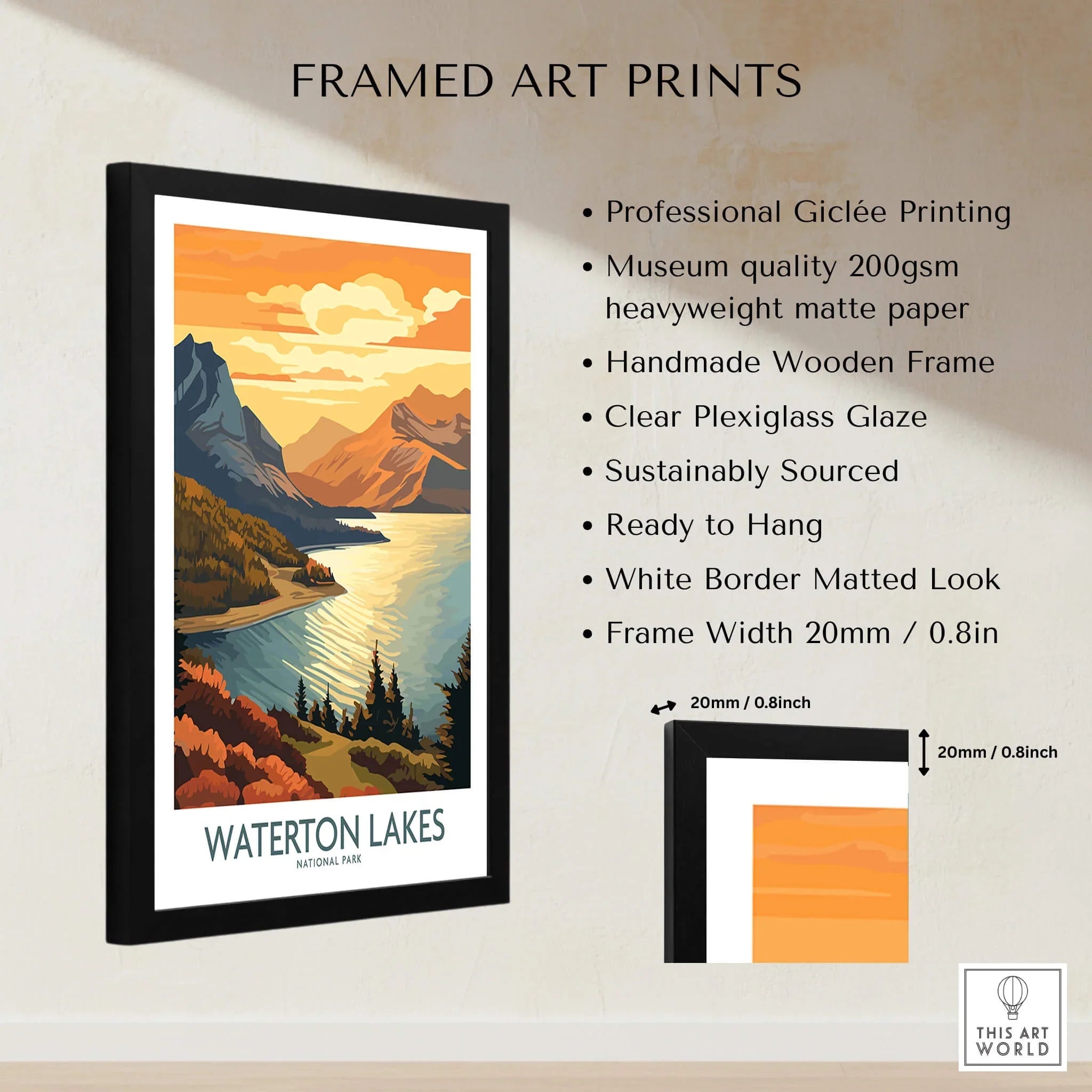 Framed Waterton Lakes National Park art print with mountain and lake landscape, giclée printing details.