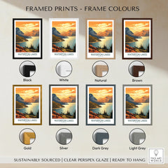 Waterton Lakes National Park art print shown in eight frame color options, landscape wall art.