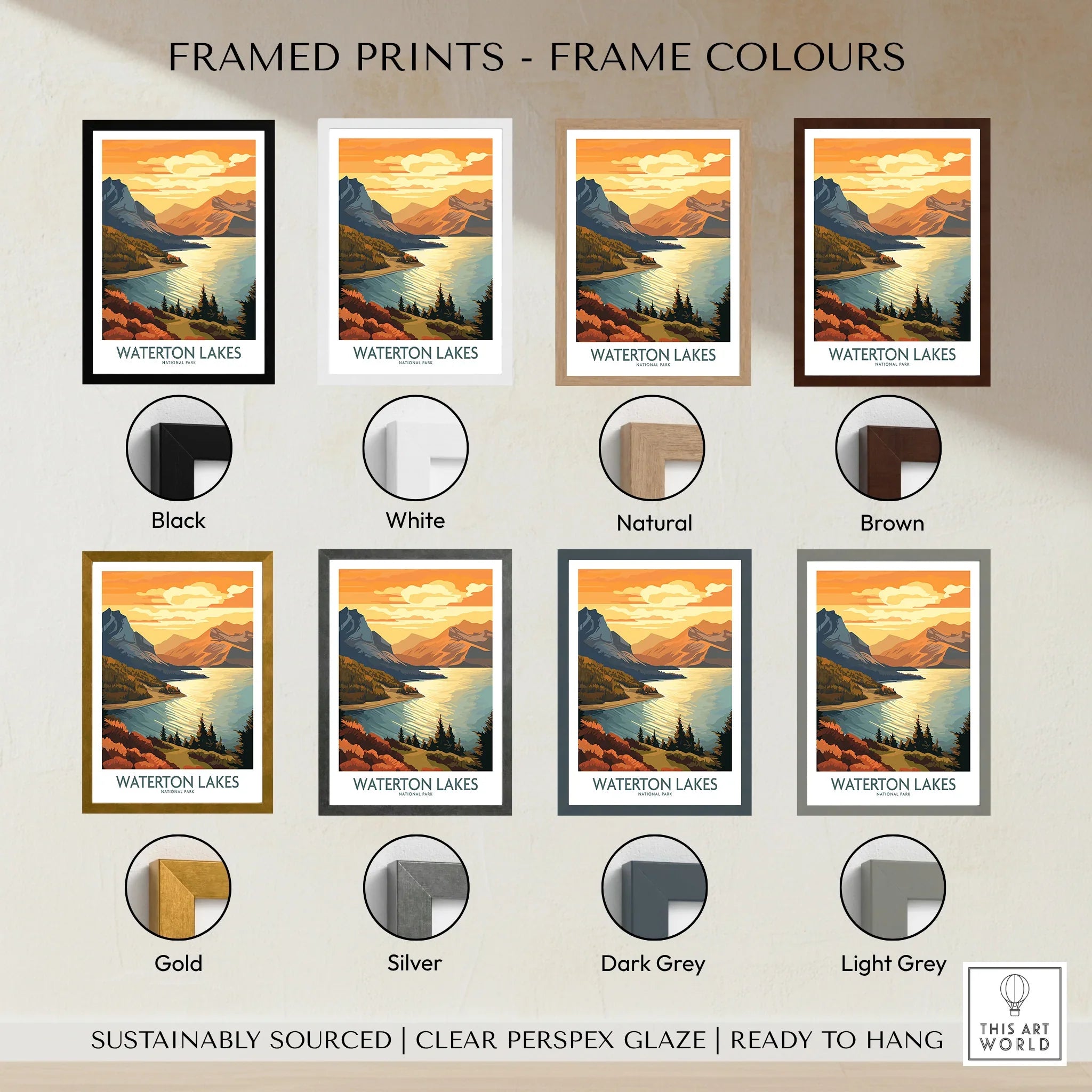 Waterton Lakes National Park art print shown in eight frame color options, landscape wall art.