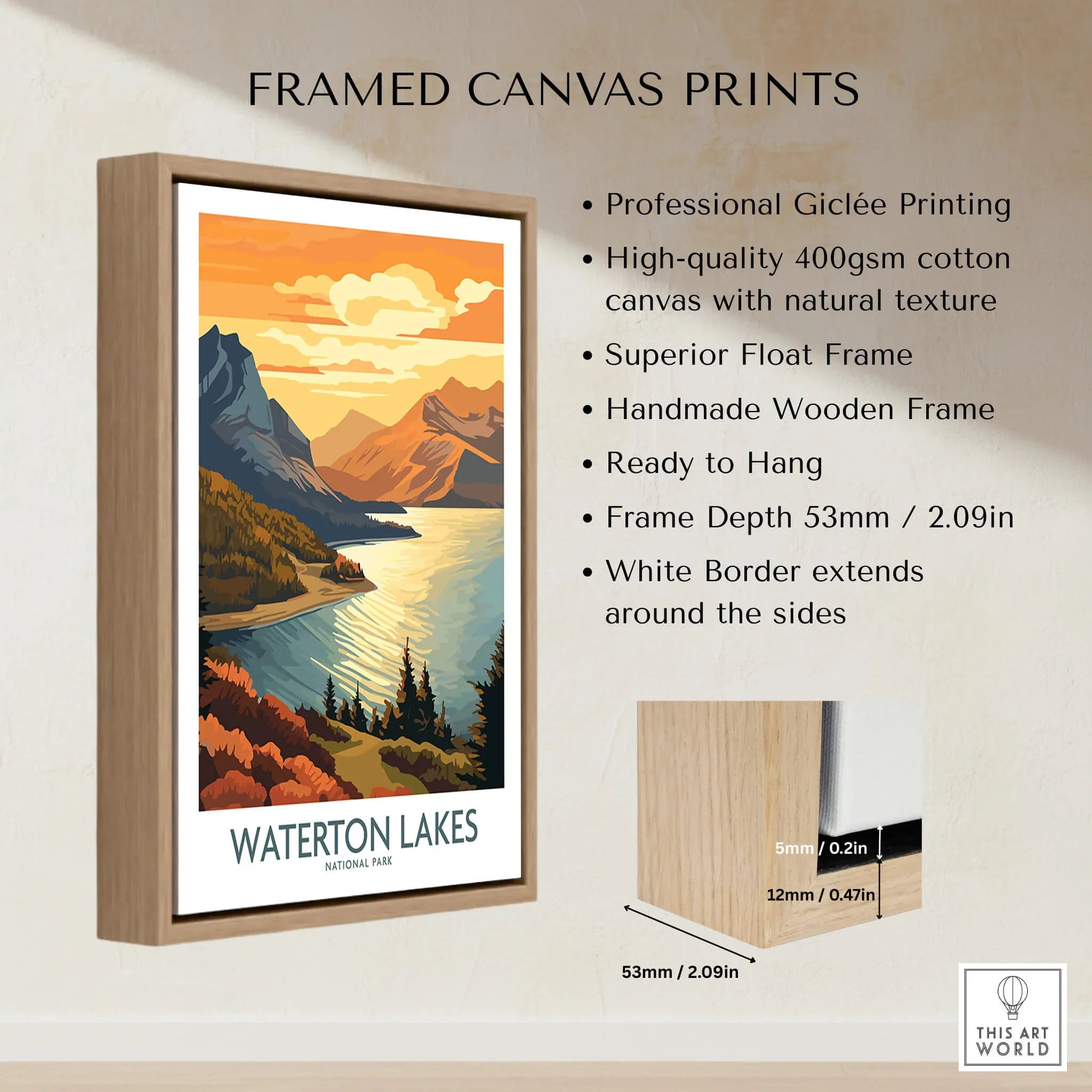 Framed canvas print of Waterton Lakes National Park with mountain and lake landscape art.
