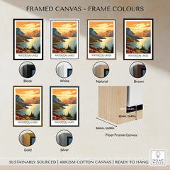 Waterton Lakes travel poster on framed canvas in six frame color options: black, white, natural, brown, gold, silver.