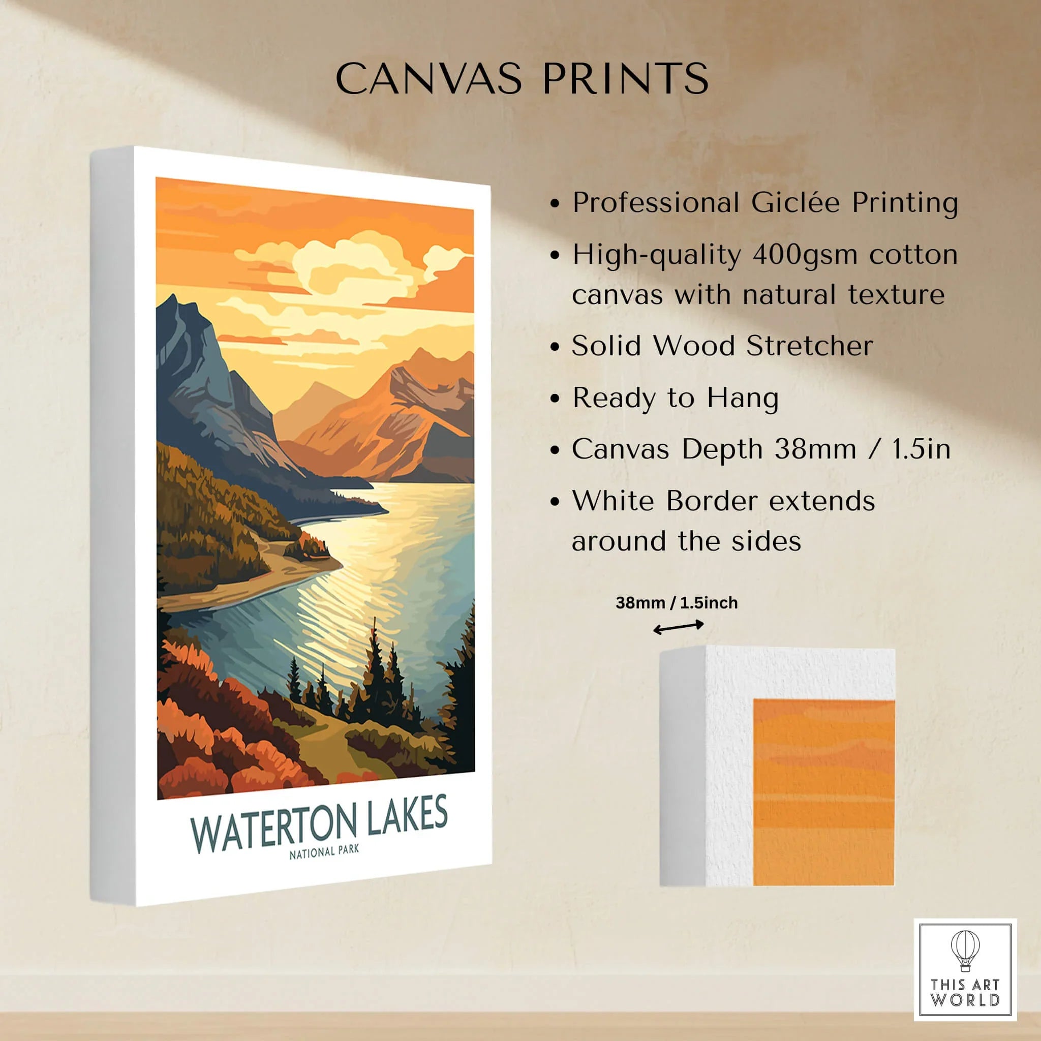 Waterton Lakes National Park canvas print with colorful lake and mountain landscape art