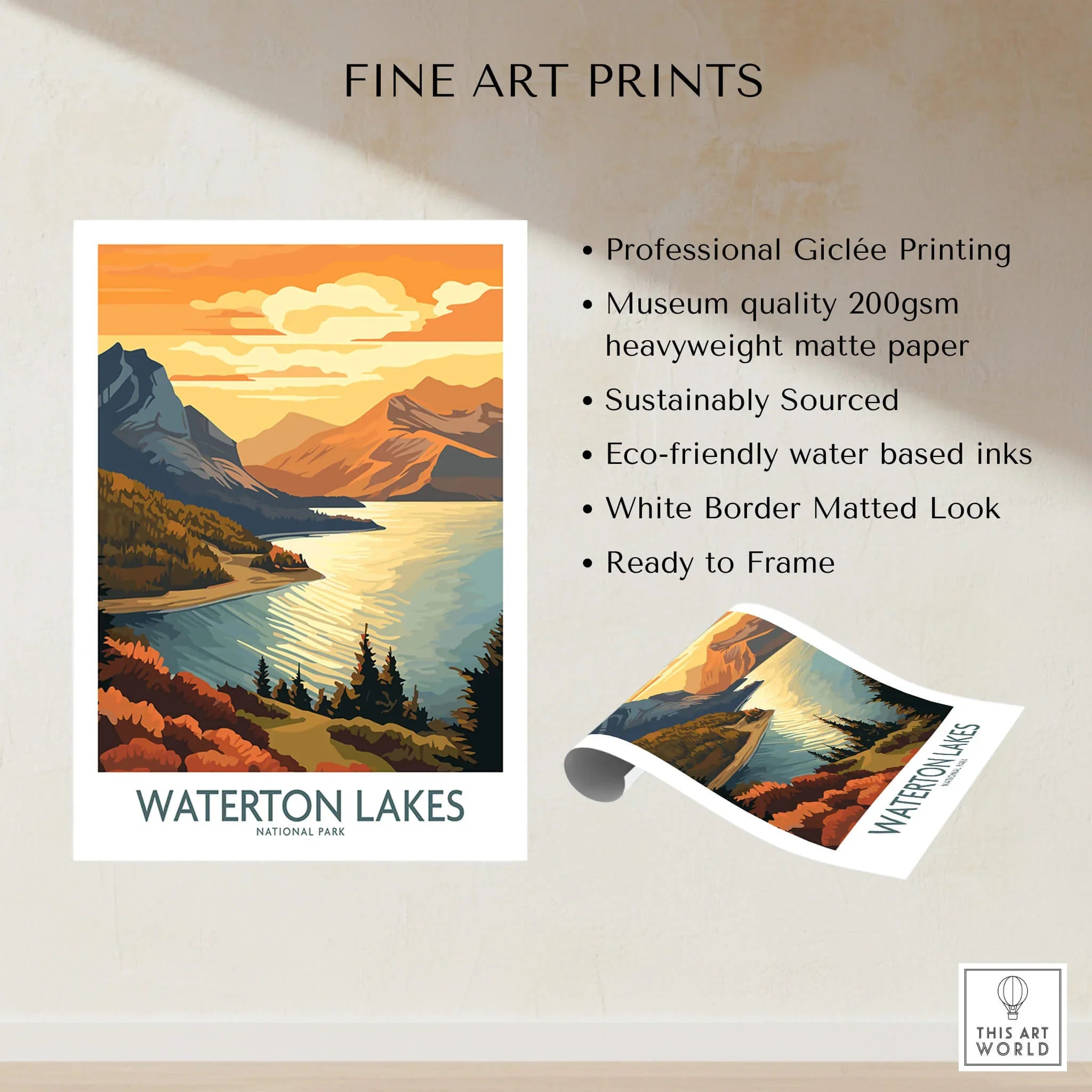 Waterton Lakes National Park wall art print, sunset mountain landscape, fine art poster details