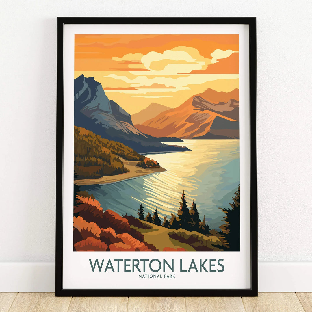 Waterton Lakes National Park art print in black frame, mountain lake wall art on wooden floor