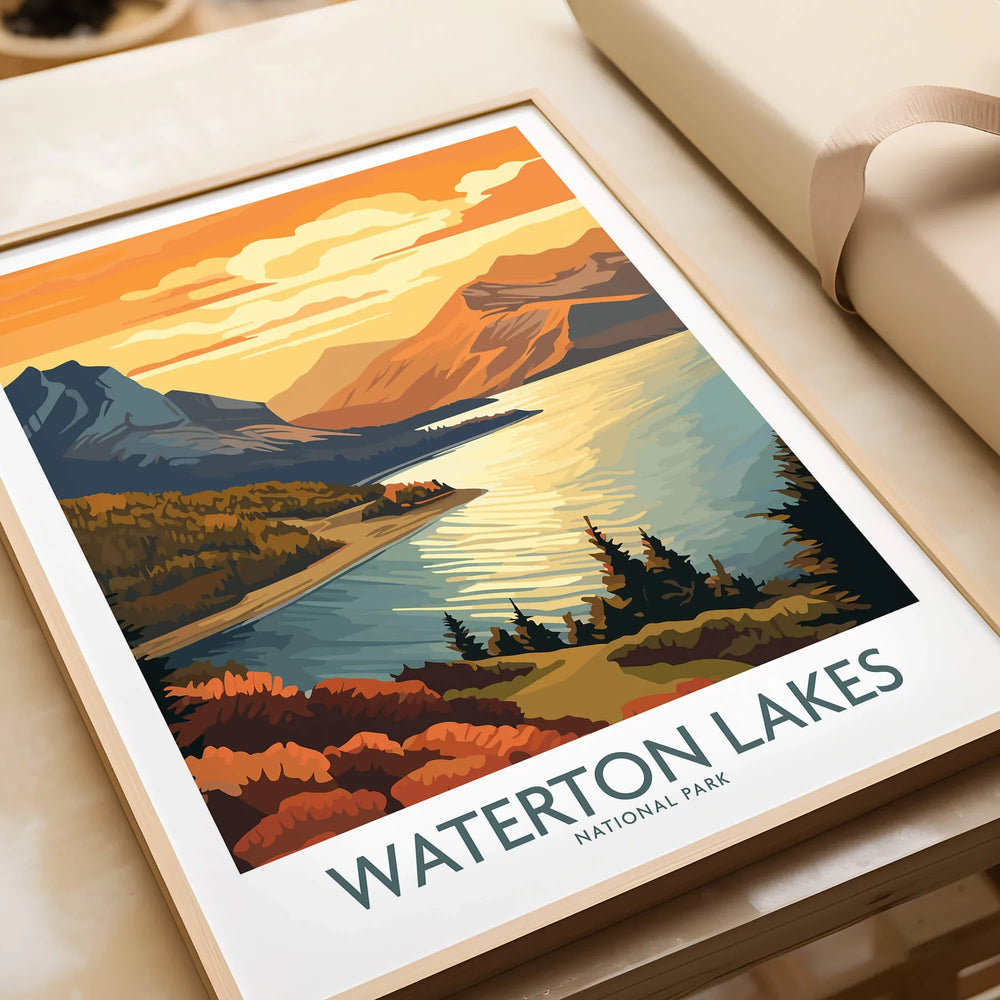 Framed Waterton Lakes National Park art print with colorful sunset landscape illustration.