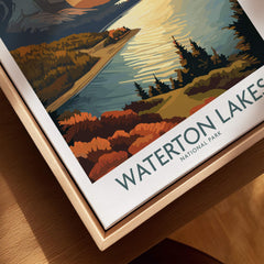 Waterton Lakes National Park print in natural wood floating frame, close-up view