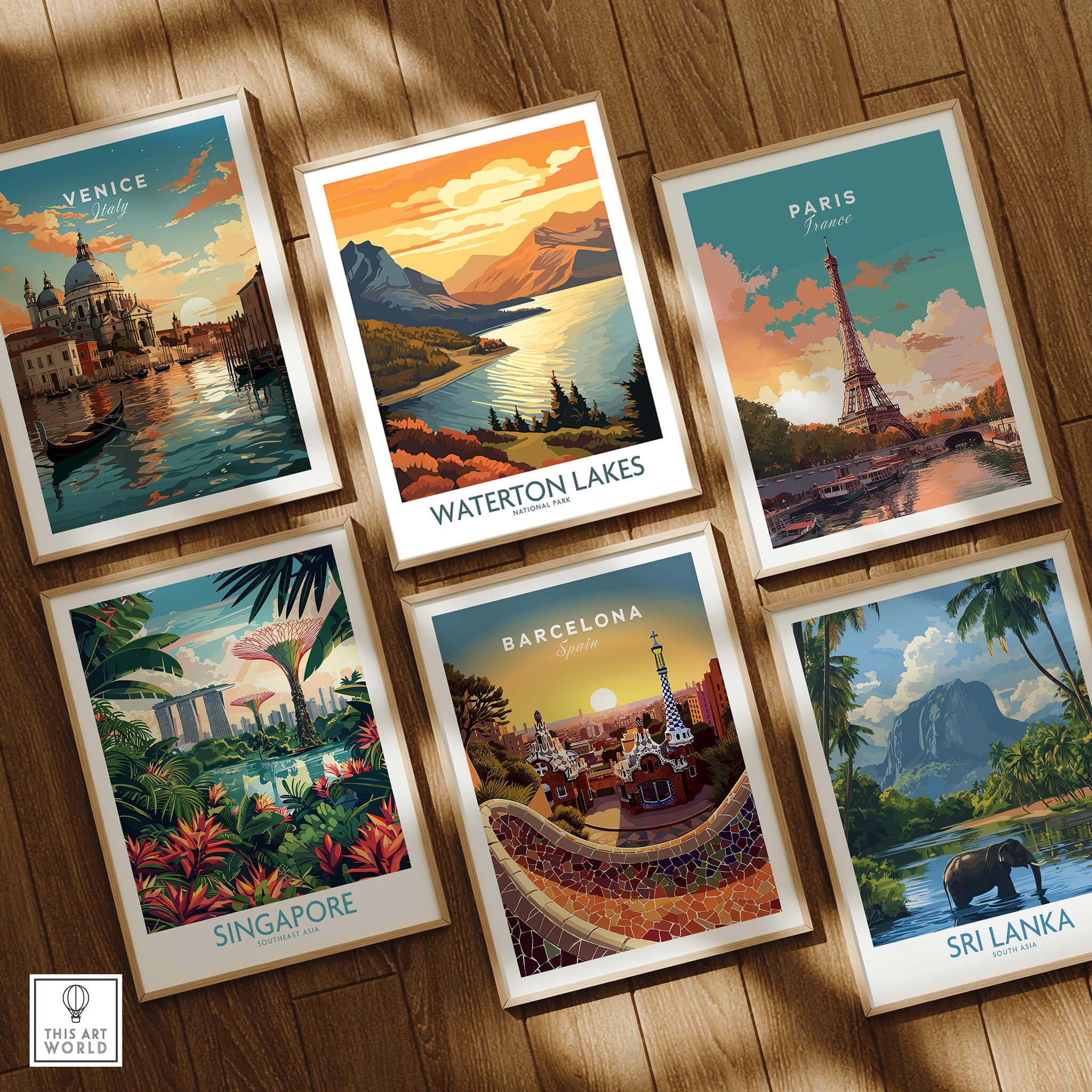 Set of six framed travel posters featuring Venice, Waterton Lakes, Paris, Singapore, Barcelona, and Sri Lanka on a wooden floor.