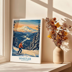 Whistler Ski Print - British Columbia featuring a skier on scenic slopes with vibrant mountains and trees.