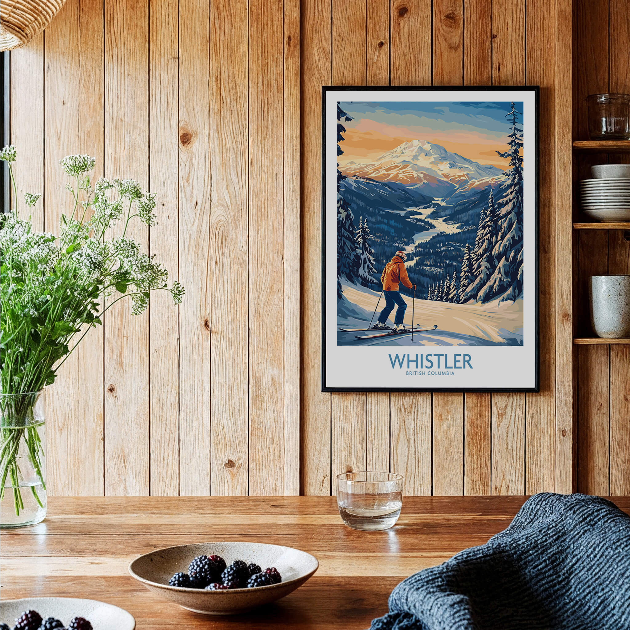 Whistler Ski Print - British Columbia showcasing a skier on the slopes with stunning mountain scenery and wooden decor.