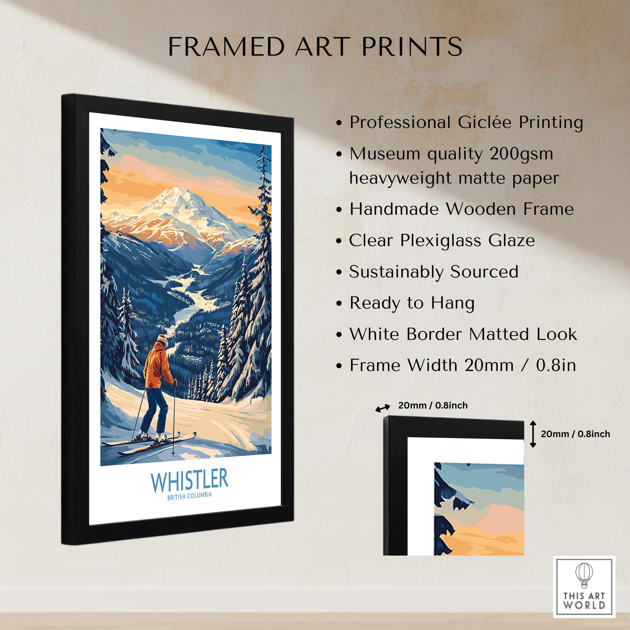 Whistler Ski Print - British Columbia framed art print featuring stunning snowy landscapes and a skier.