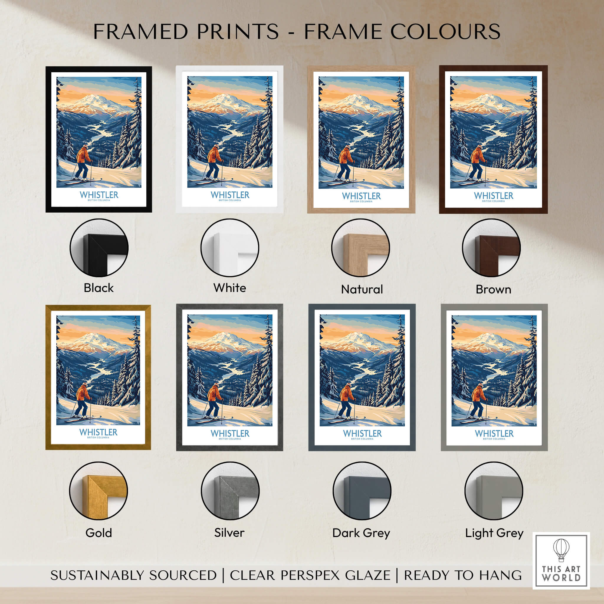 Whistler Ski Print - British Columbia showcasing various frame colors including black, white, natural, and brown.