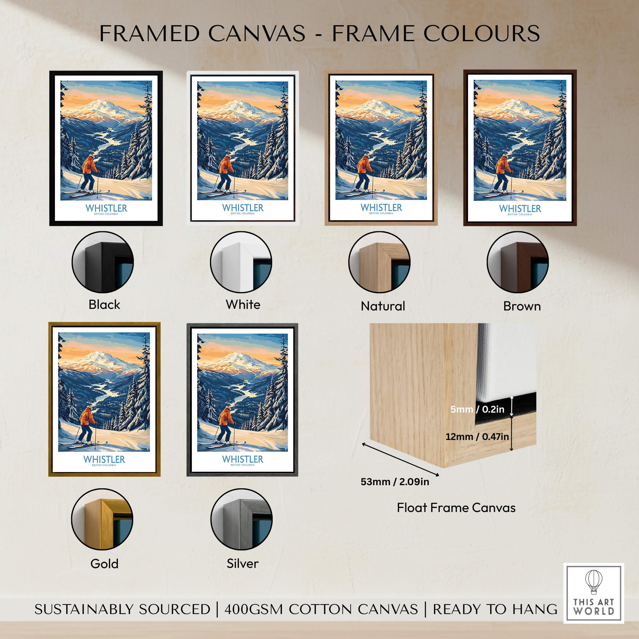 Framed Whistler Ski Print - British Columbia in various frame colors including black, white, natural, brown, gold, and silver.