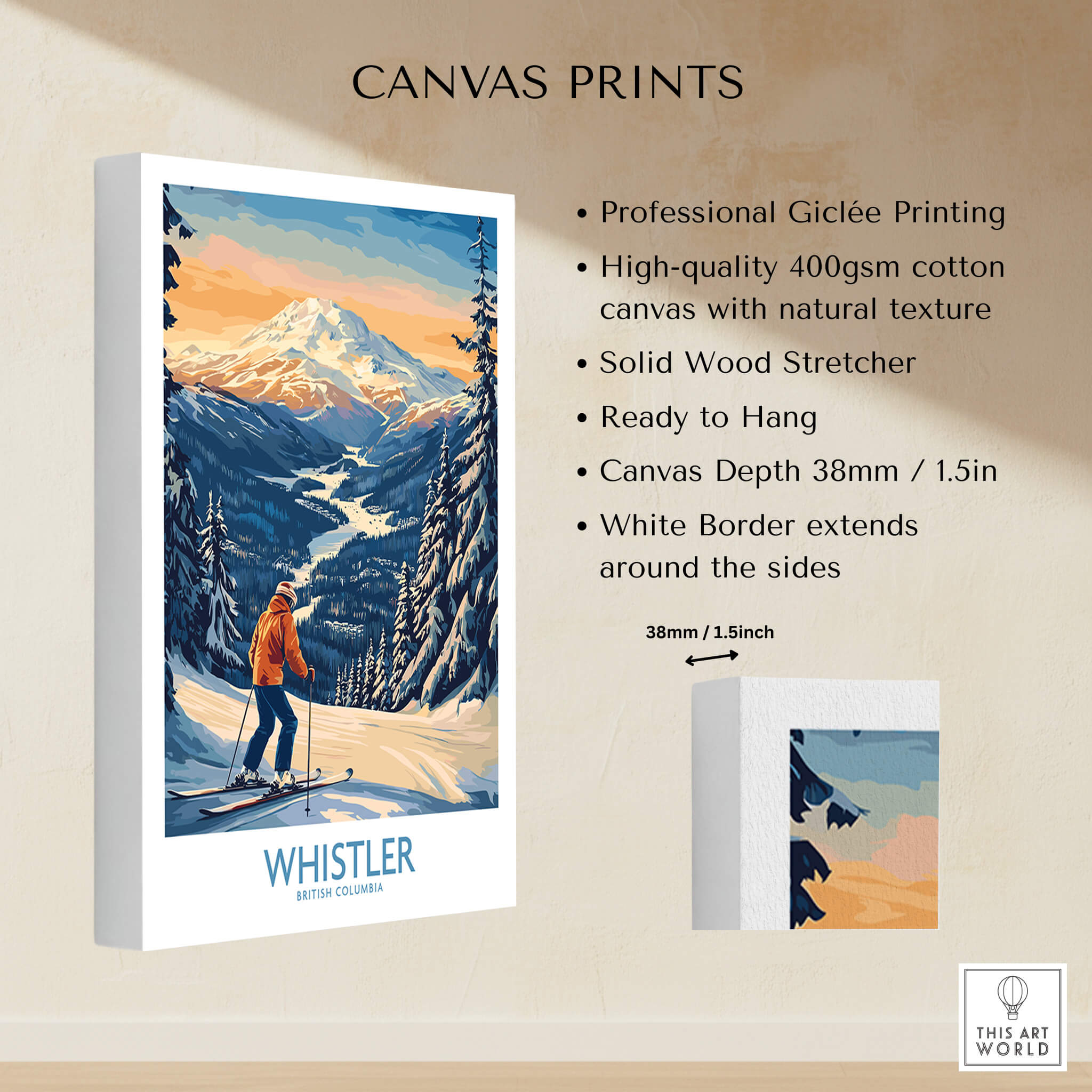 Whistler Ski Print - British Columbia showcasing a skier in a stunning mountain landscape, perfect for ski enthusiasts.