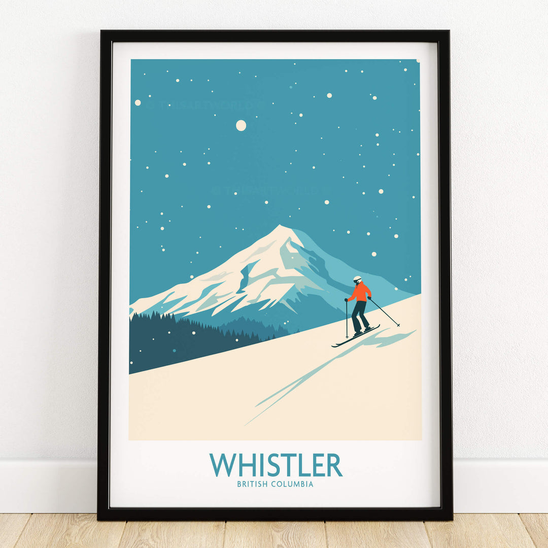 Whistler Wall Art Print - British Columbia featuring a skier on snowy slopes with a backdrop of Whistler mountain.